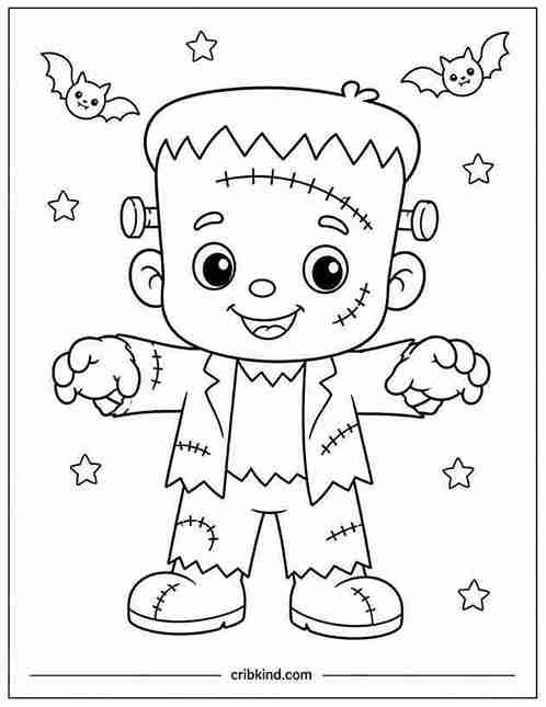 Cute Frankenstein Halloween coloring page featuring a smiling cartoon Frankenstein with a large square head, stitches, neck bolts, patched clothes, and bold printable outlines for kids.