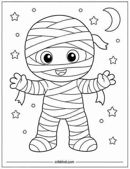 Cute mummy Halloween coloring page featuring a smiling cartoon mummy wrapped in bandages with large round eyes, small feet, and bold printable outlines for toddlers, preschoolers, and young kids.