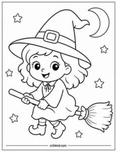 Cute witch Halloween coloring page featuring a smiling cartoon witch with a large pointed hat, broomstick, stars, and a crescent moon in a printable black-and-white design for toddlers and preschoolers.