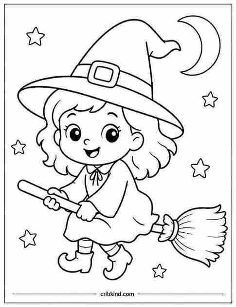 Cute witch Halloween coloring page featuring a smiling cartoon witch with a large pointed hat, broomstick, stars, and a crescent moon in a printable black-and-white design for toddlers and preschoolers.