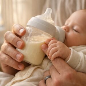 Dad gently holding a baby bottle while newborn wraps fingers around his hand during feeding