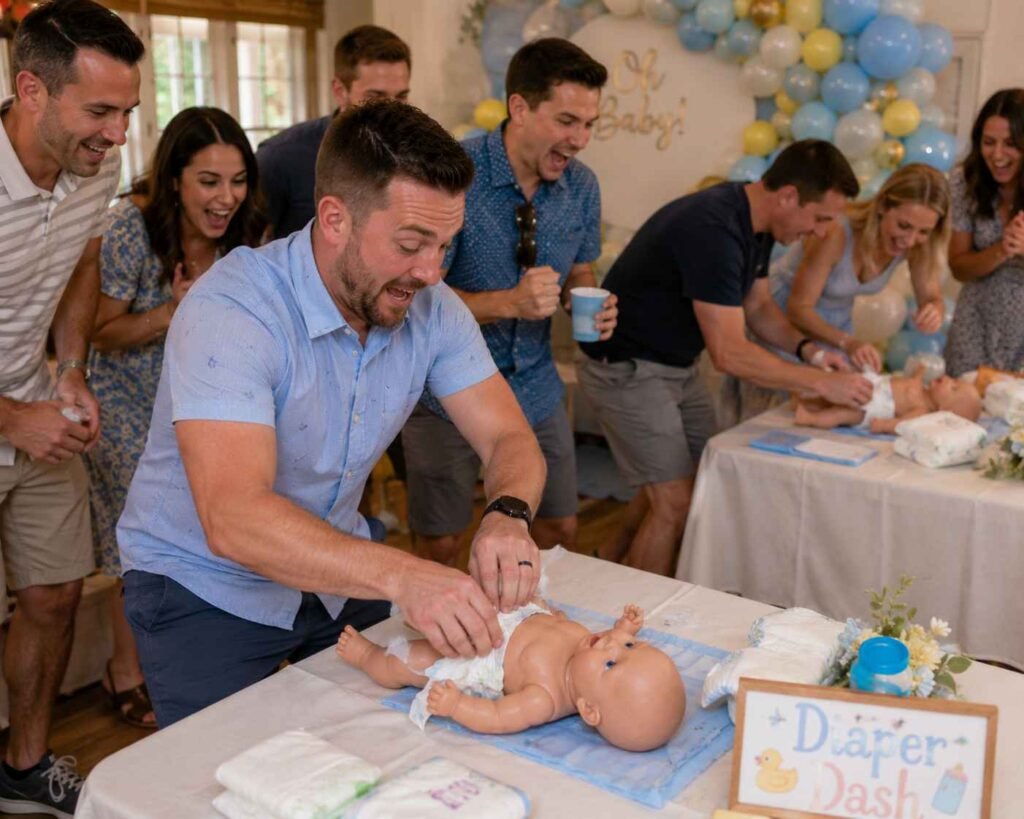 Man struggling to change baby doll diaper during a relay race at a coed baby shower game