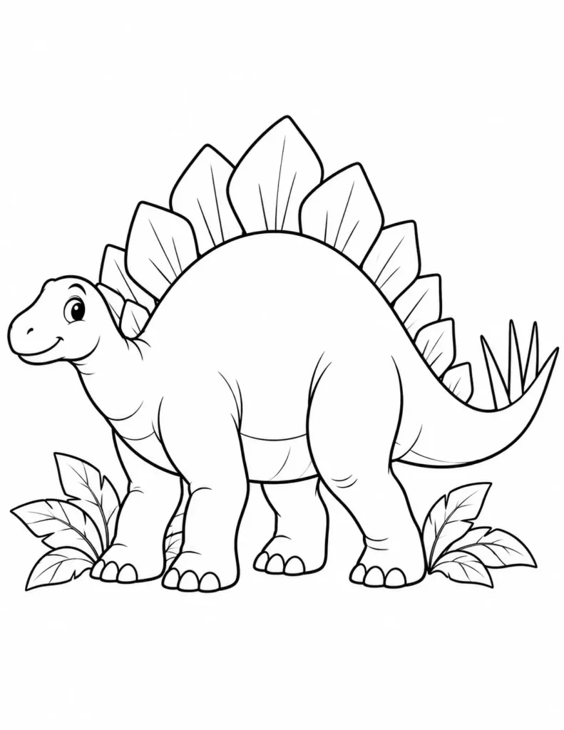 Friendly Stegosaurus coloring page with large plates along its back, a spiked tail, and leafy plants.
