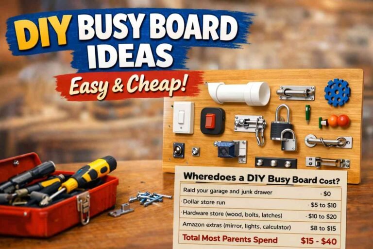 Wooden DIY busy board for toddlers with latches, locks, light switch, knobs, and tools displayed on a table