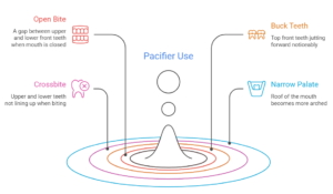 Infographic on pacifier effects: pros like SIDS reduction and cons including buck teeth risk, open bite, crossbite from prolonged use