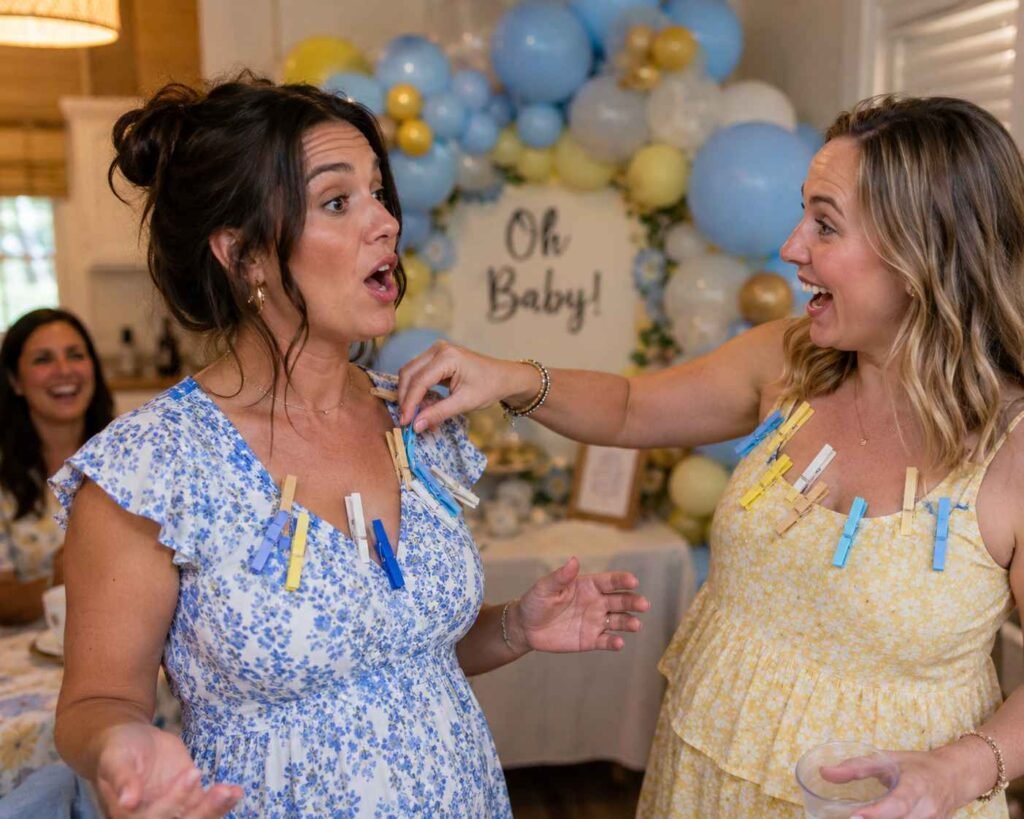 Guest stealing a clothespin from another player caught saying baby at a coed baby shower game