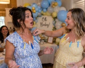 Guest stealing a clothespin from another player caught saying baby at a coed baby shower game