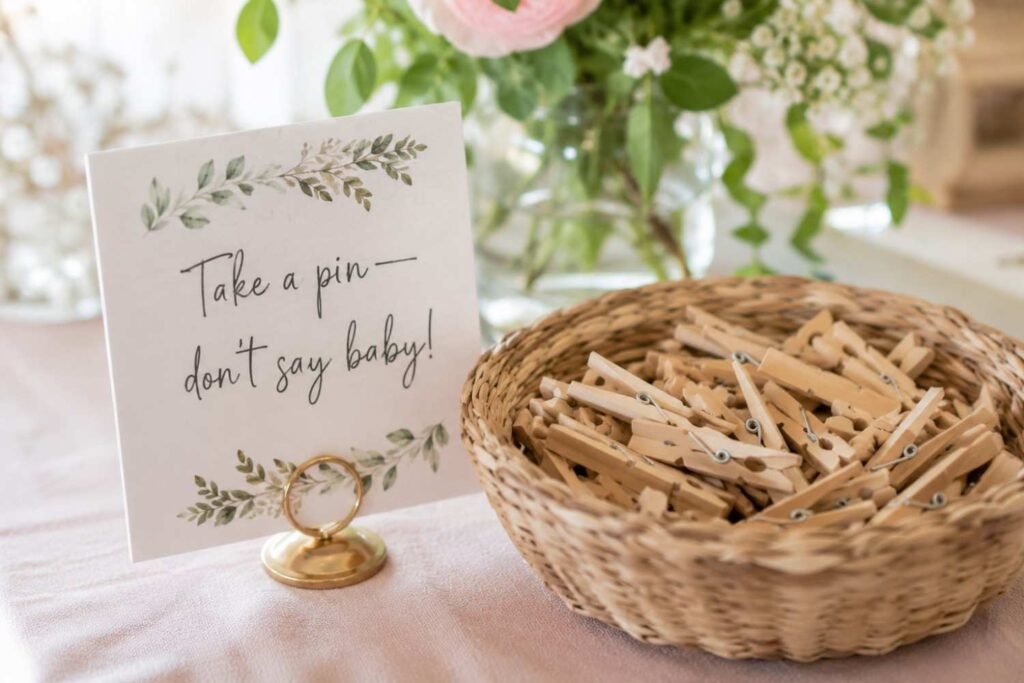 Wooden clothespins in a basket for the Don't Say Baby baby shower game with a sign at the welcome table