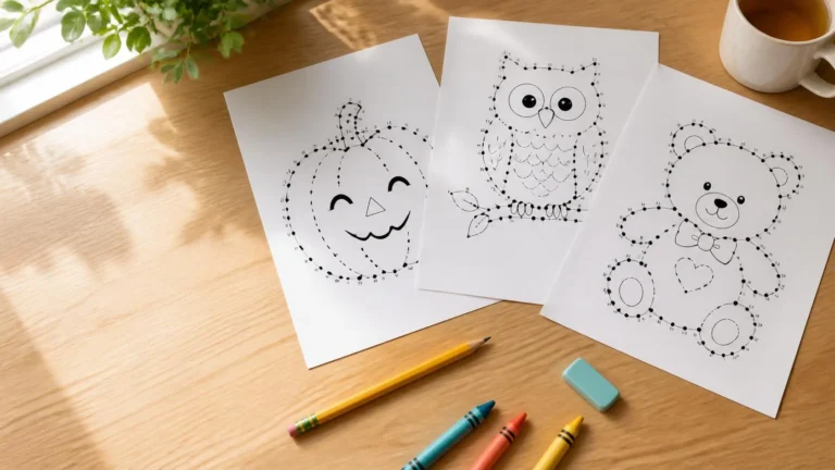 Dot to dot worksheets for kids with a pumpkin, owl and teddy bear on a wooden table with a pencil and crayons