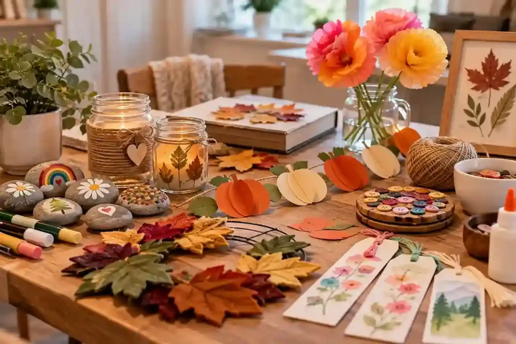 Easy crafts for adults including painted rocks, paper garland, candle jars, watercolor bookmarks, and simple handmade decorations arranged on a cozy craft table.