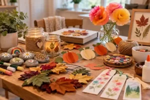 Easy crafts for adults including painted rocks, paper garland, candle jars, watercolor bookmarks, and simple handmade decorations arranged on a cozy craft table.
