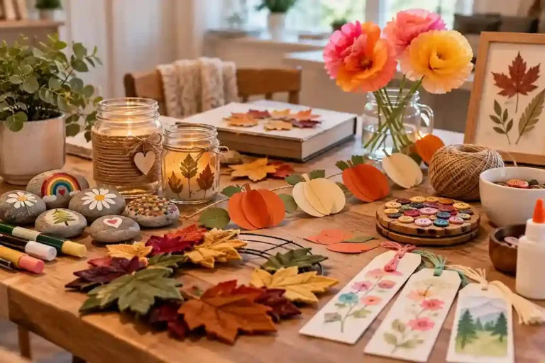 Easy crafts for adults including painted rocks, paper garland, candle jars, watercolor bookmarks, and simple handmade decorations arranged on a cozy craft table.