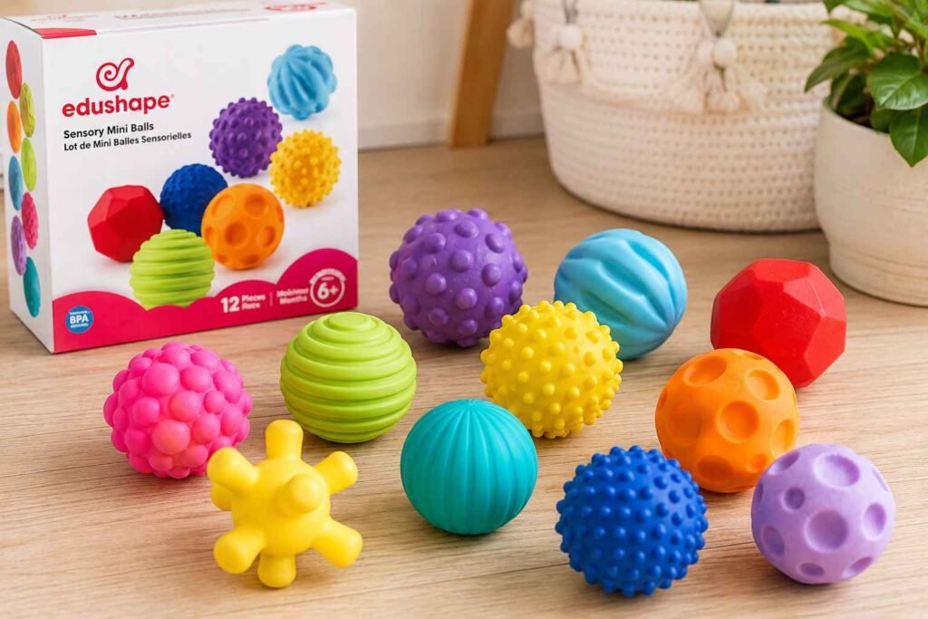 Edushape Sensory Mini Balls 12-pack colorful textured sensory balls arranged on a wooden surface, designed for tactile exploration, sensory play, and fine motor skill development in babies and toddlers.