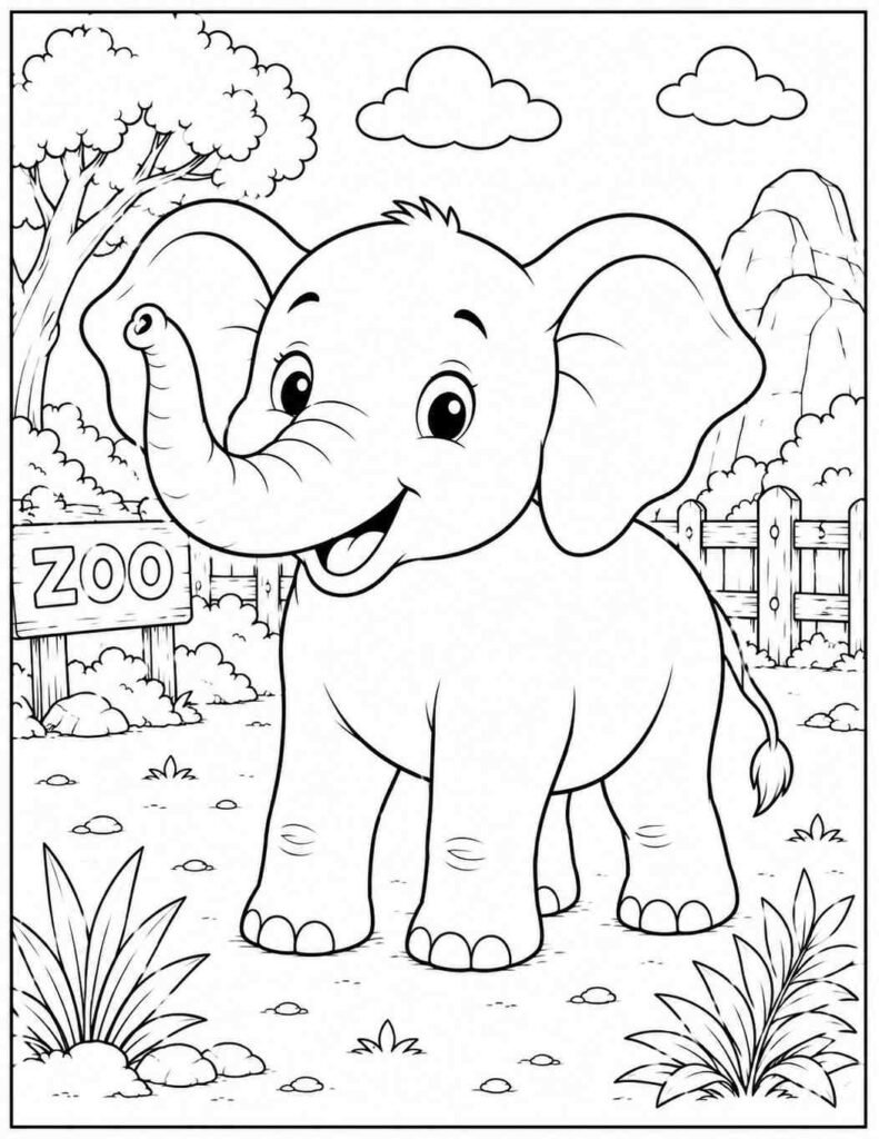 Friendly elephant coloring page showing a happy elephant with raised trunk standing in a zoo environment.