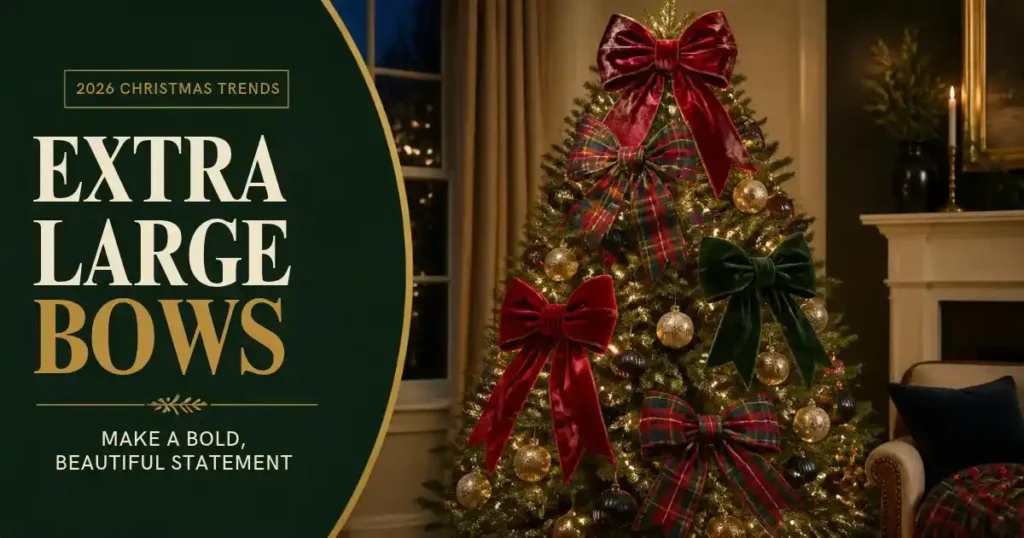 Christmas tree decorated with oversized velvet and plaid bows, warm white lights, and elegant red, navy, green, and gold accents