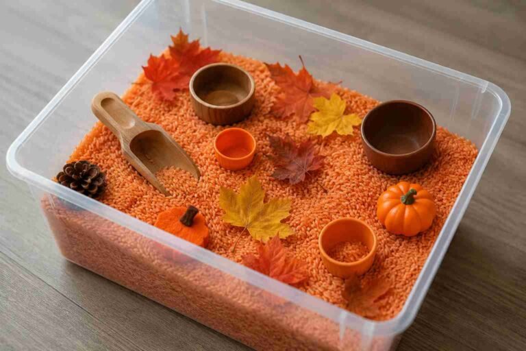 A colourful fall sensory bin with orange rice, mini pumpkins, and autumn leaves