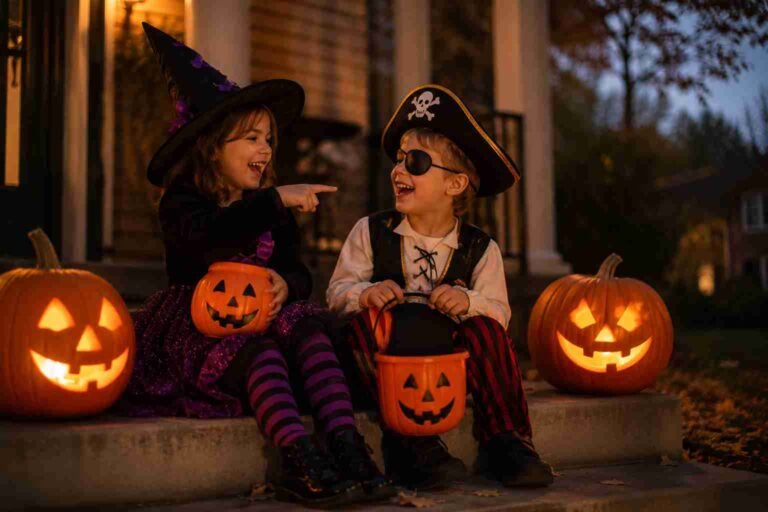 Two children in Halloween costumes laughing outside next to carved pumpkins on a fall evening