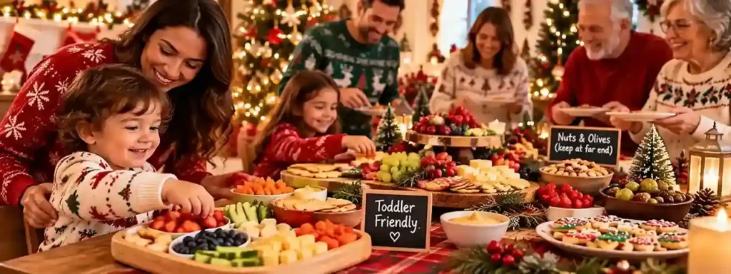 Family Christmas game night with toddlers, children, parents, and grandparents playing together around a festive holiday table.