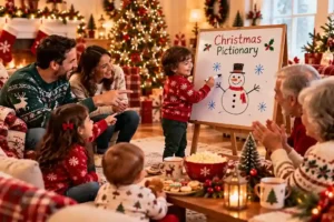 Family playing Christmas Pictionary with a child drawing a snowman on a large whiteboard while parents, children, and grandparents guess together.
