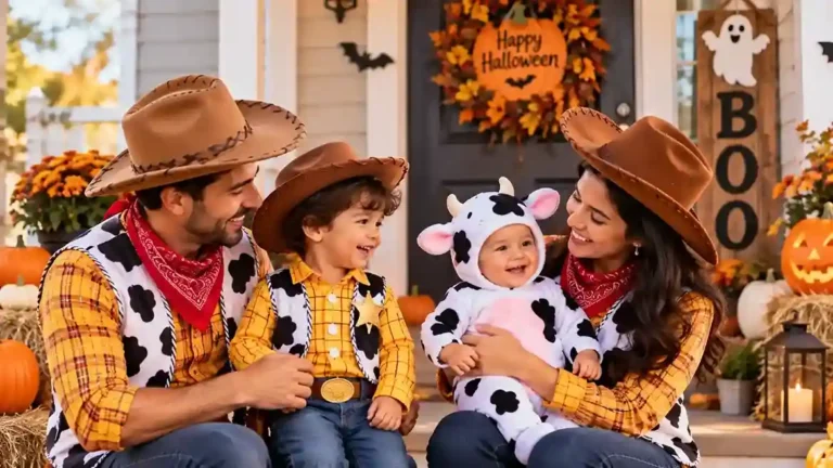 Family Halloween costume with parents dressed as cowboys, a toddler sheriff, and a baby in a soft cow costume on a decorated fall porch.