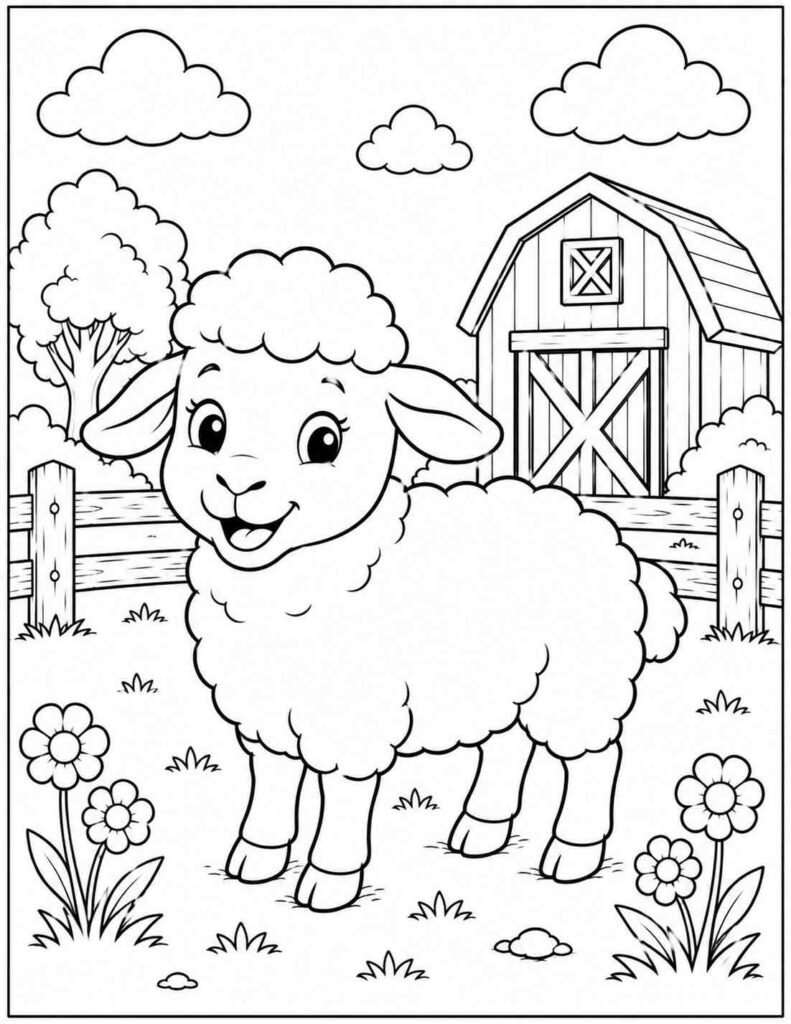 Fluffy Sheep Coloring Page for Kids