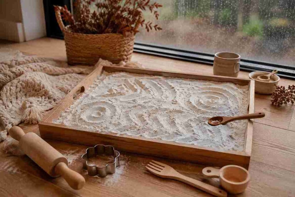 Wooden flour sensory tray with finger patterns and wooden kitchen tools beside a rainy window for toddler indoor play.