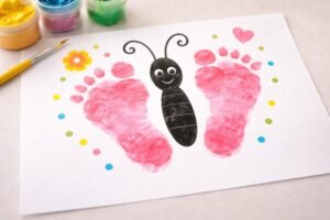 completed toddler footprint butterfly craft with painted feet as wings body antennae easy daycare art ages 1-3