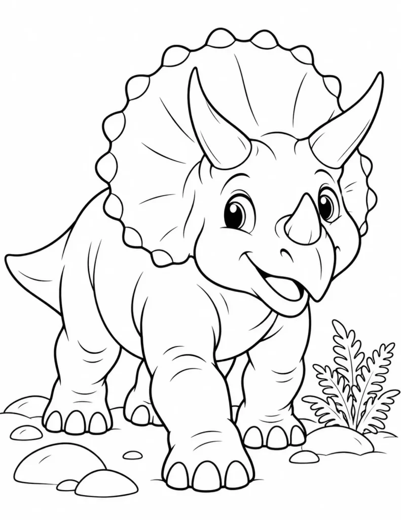 Friendly Triceratops coloring page with three facial horns, a large frill, sturdy legs, and a small fern. dinosaur coloring pages