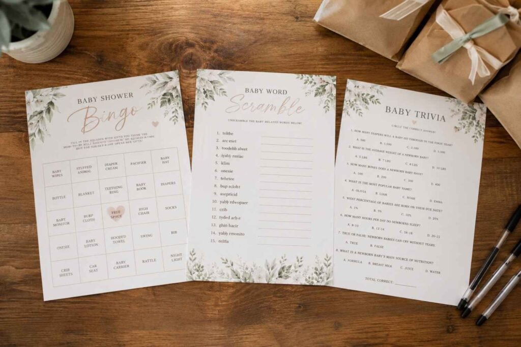 Printed free baby shower game sheets including bingo card and word scramble laid on a wooden table with pens and kraft prize bags
