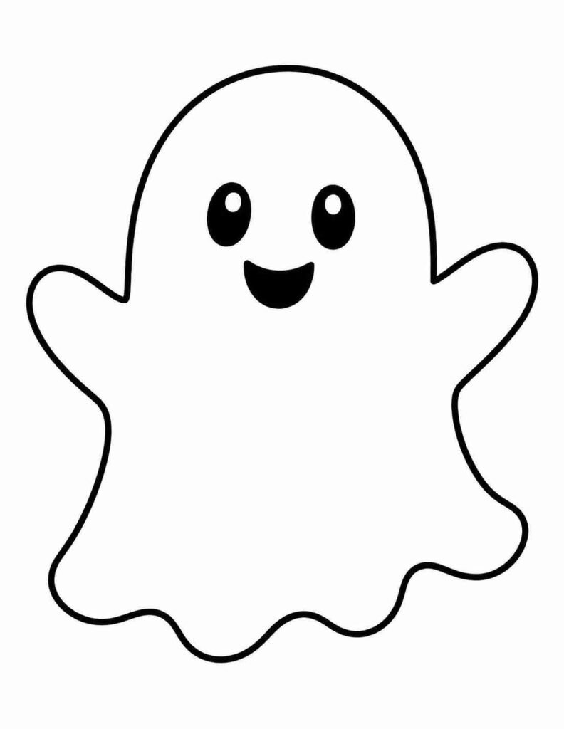 Download a free friendly ghost Halloween coloring page for toddlers and preschoolers. This printable PDF features thick outlines, simple shapes, and a smiling ghost that's perfect for little kids.