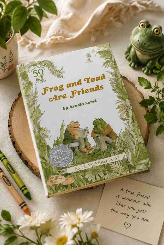 Frog and Toad Are Friends book cover by Arnold Lobel featuring two frog friends reading together