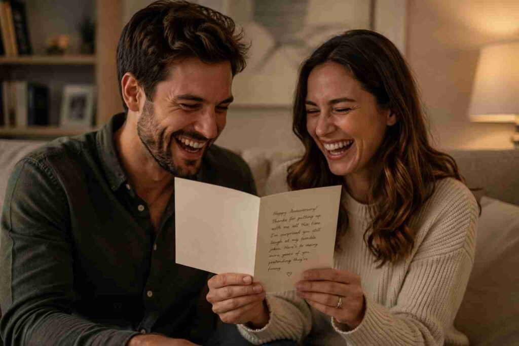 A couple laughing reading a funny message in a baby shower card together