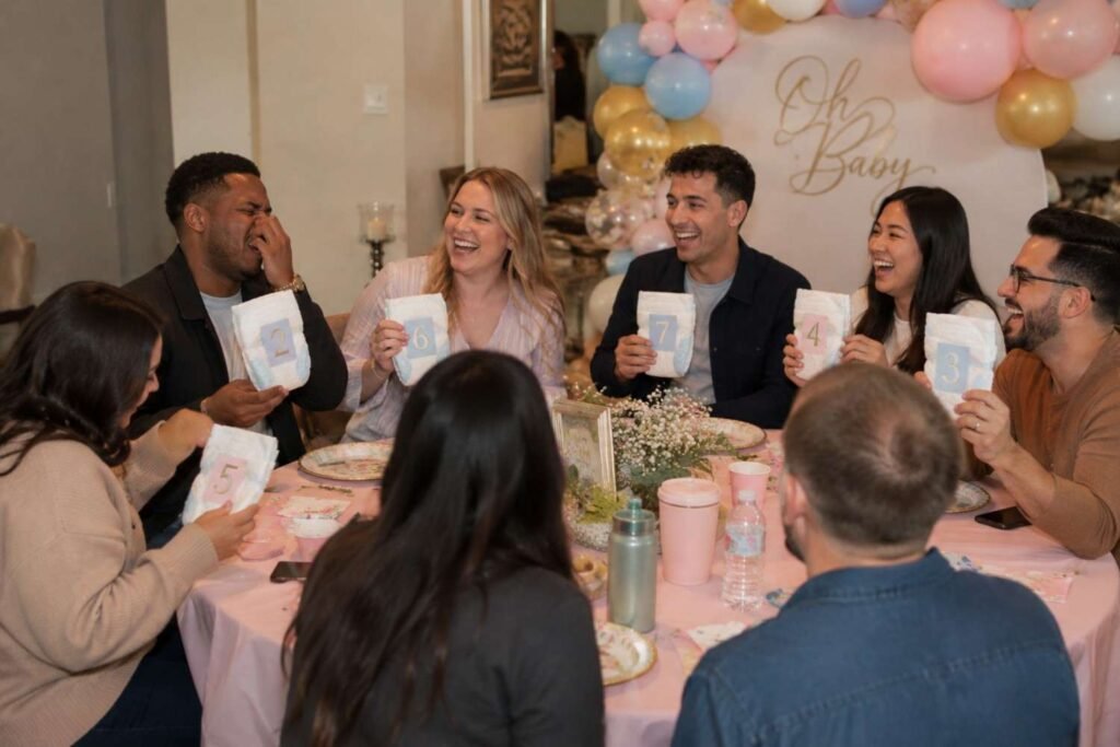 Group of adults laughing while playing funny baby shower games including the dirty diaper game at a decorated table