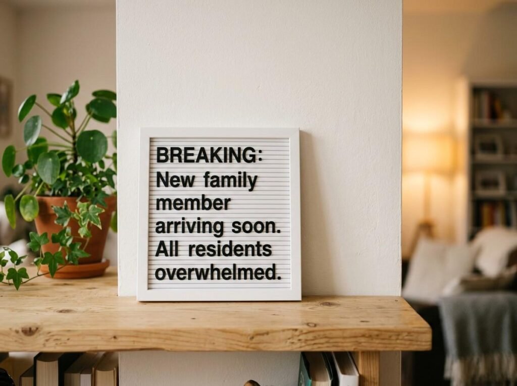 White letter board on a wooden shelf with a funny baby announcement message in black capital letters