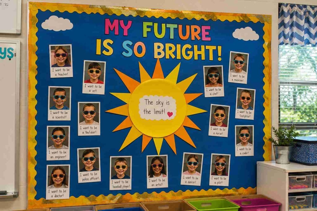 Elementary classroom bulletin board featuring student photos wearing colorful sunglasses arranged around a large paper sun with future career goals displayed underneath.