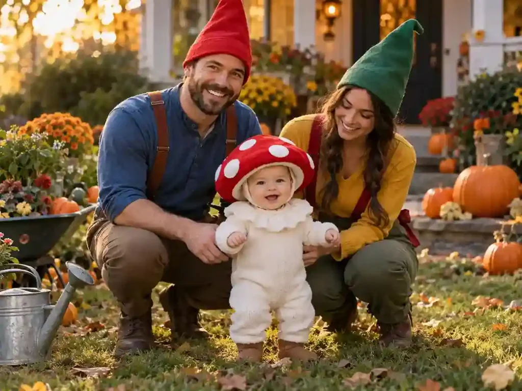 Parents dressed as garden gnomes with a baby in a soft mushroom costume, standing in a fall garden with pumpkins and flowers.