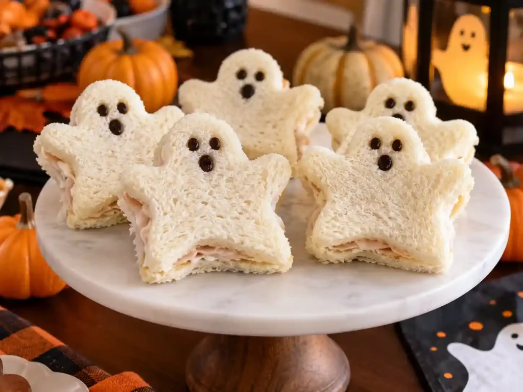 ghost-shaped sandwiches filled with turkey and cream cheese arranged on a Halloween party platter with pumpkins and fall decorations.