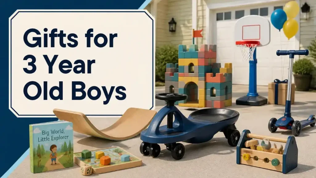 Gifts for 3 year old boys with ride-on toys, scooter, basketball hoop, building toys, vehicles, first games and books