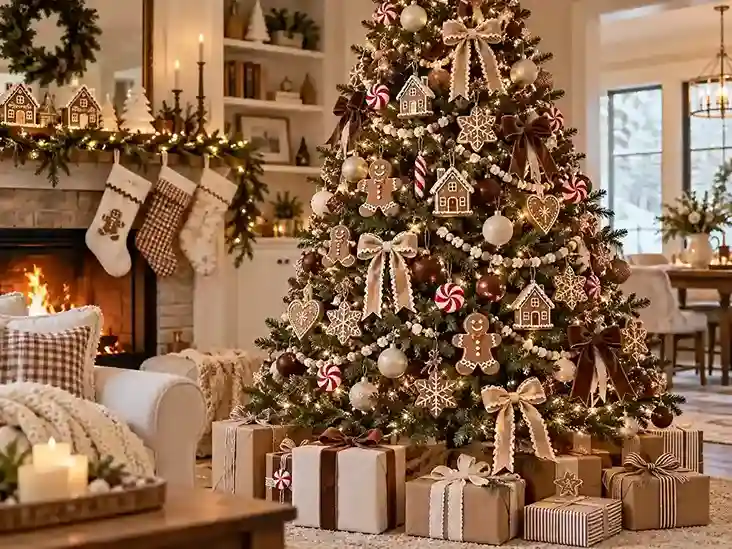 Gingerbread Christmas tree decorated with cookie ornaments, peppermint accents, cream and brown bows, and warm white lights