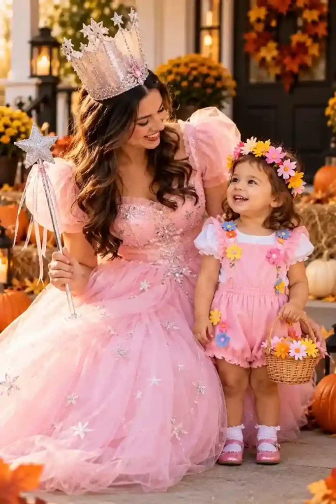 Mom dressed in a glamorous pink Glinda-inspired costume with a silver crown beside a toddler in a bright pink romper and flower crown on a decorated Halloween porch.