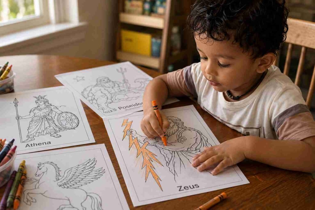 A child coloring a Zeus coloring page in orange at a table with Greek mythology printables spread around them