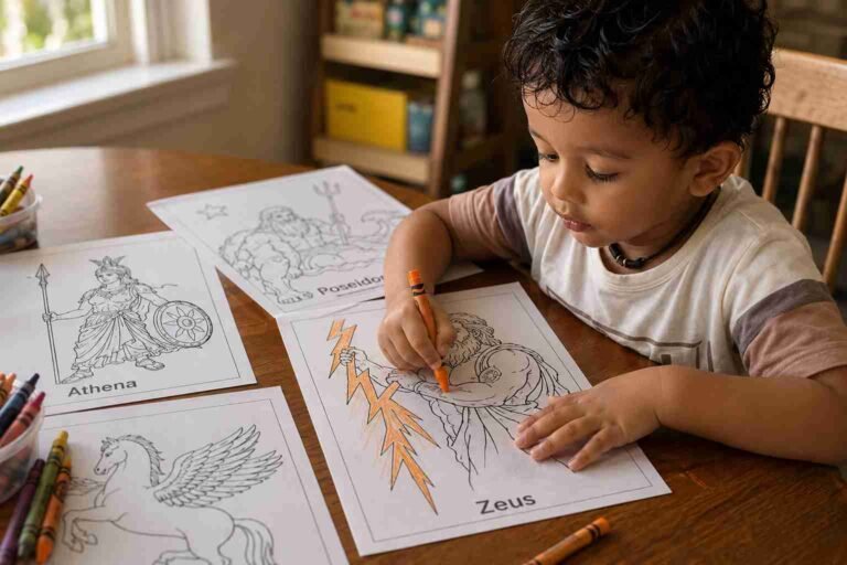 A child coloring a Zeus coloring page in orange at a table with Greek mythology printables spread around them