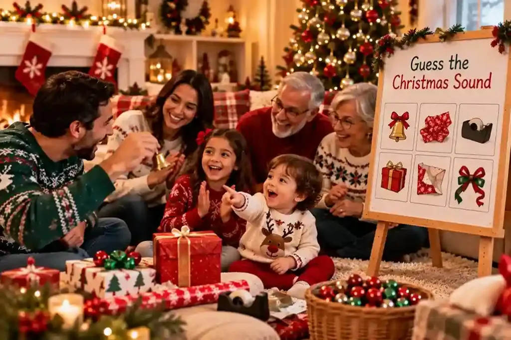 Family playing Guess the Christmas Sound with toddlers, children, parents, and grandparents listening to bells, wrapping paper, and gift box sounds.