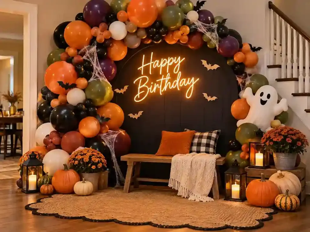 Halloween birthday photo backdrop with a glowing Happy Birthday sign, orange, black, purple, and olive balloons, pumpkins, friendly ghost decor, and light webbing.