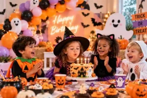 Colorful Halloween birthday party for kids with friendly ghosts, pumpkins, pastel balloons, costumes, birthday cake, and non-scary decorations.