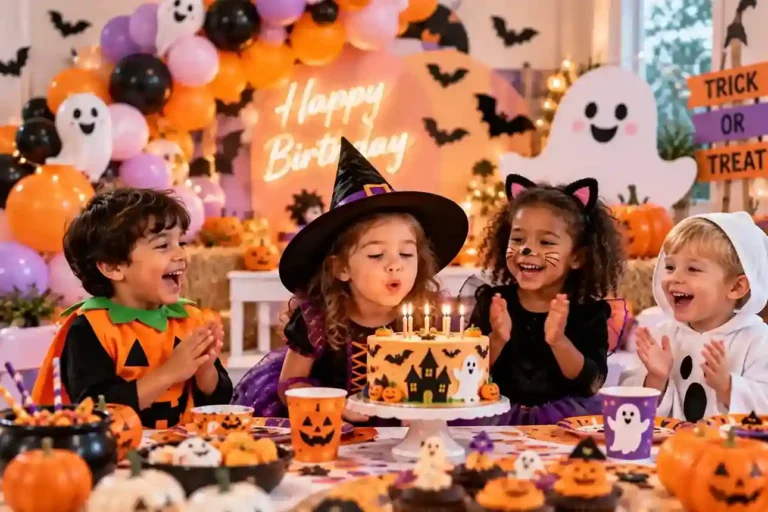 Colorful Halloween birthday party for kids with friendly ghosts, pumpkins, pastel balloons, costumes, birthday cake, and non-scary decorations.