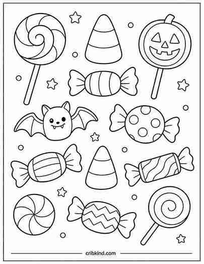 Halloween candy coloring page featuring candy corn, swirl lollipops, wrapped sweets, a cute chocolate bat, and simple Halloween treats in a printable black-and-white design for toddlers and preschoolers.