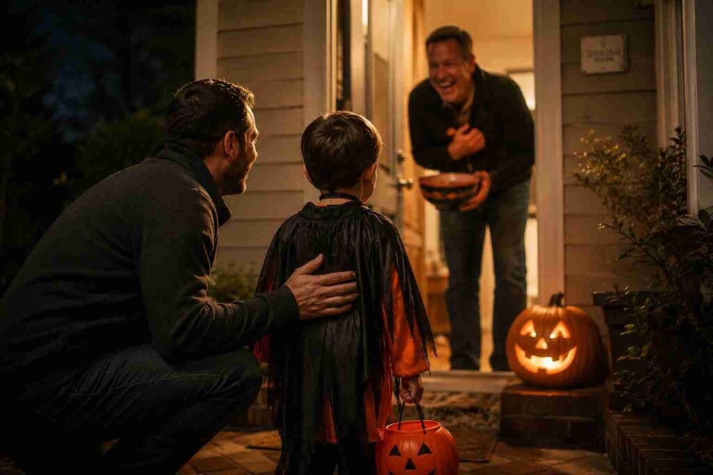 A dad and young child at a front door on Halloween night, child in costume about to tell a joke to a neighbour