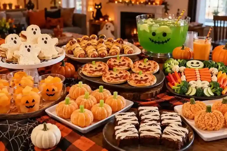Halloween party food table with ghost sandwiches, mummy hot dogs, pumpkin mini pizzas, clementine pumpkins, vegetable platter, brownies, rice cereal treats, and colorful drinks.