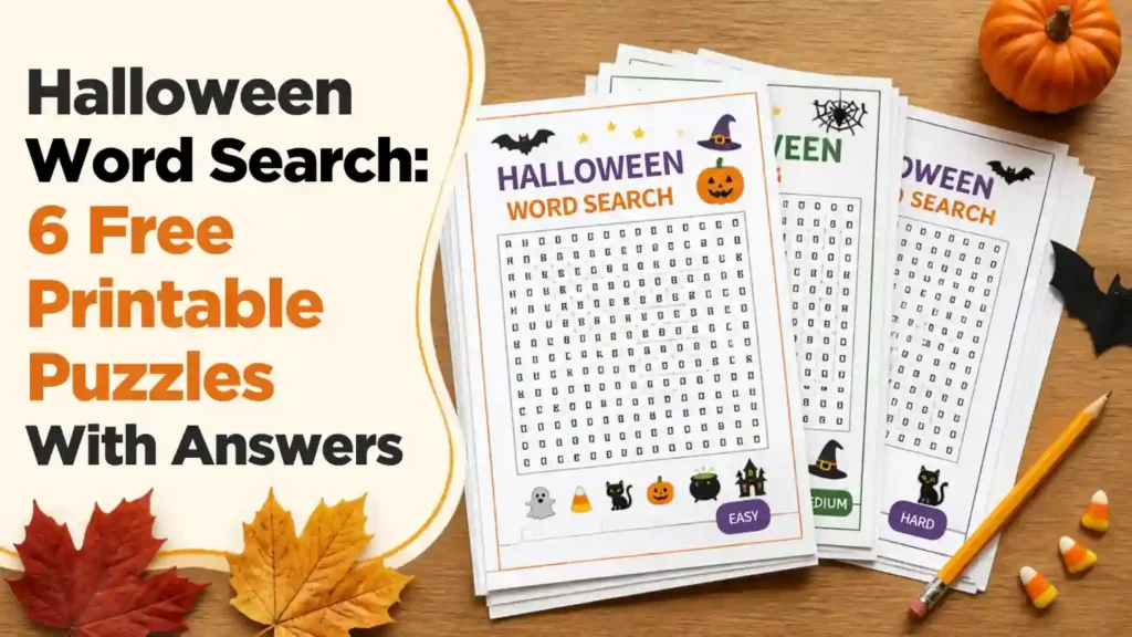 Halloween word search printable pack with easy, medium and hard puzzles, pencils, pumpkins and kid-friendly Halloween decorations